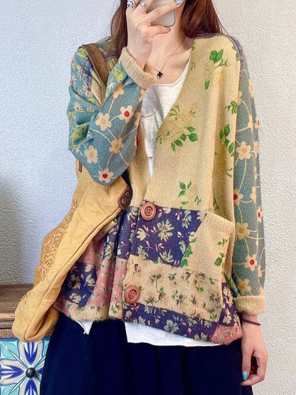Autumn Colorblock V-neck Knit Cardigan Sweater At1047