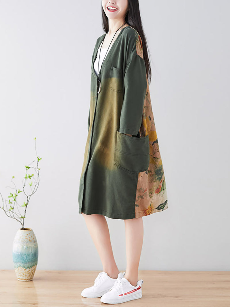 Spring Back Spliced Pokcet Loose Coat At1042