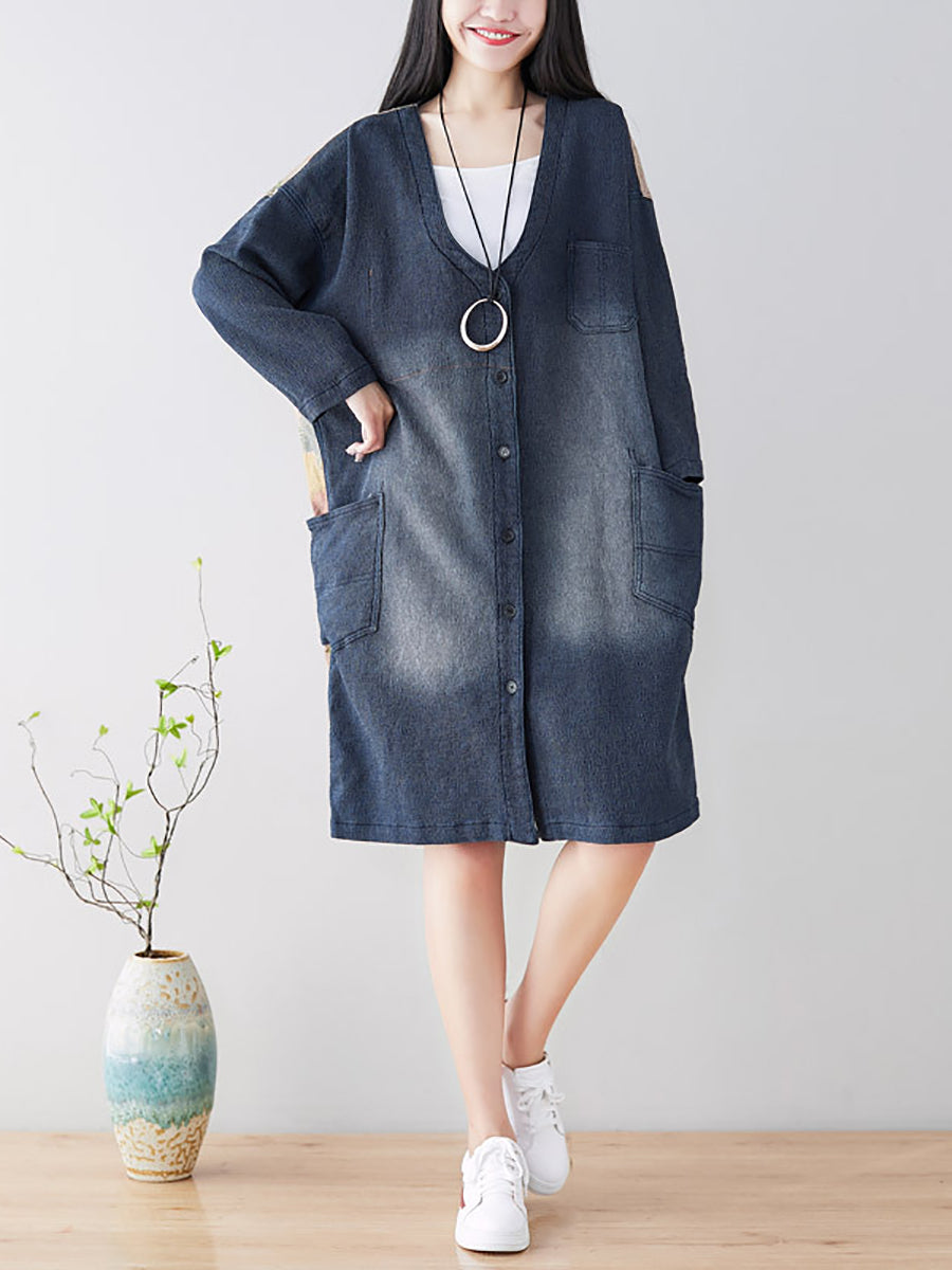 Spring Back Spliced Pokcet Loose Coat At1042