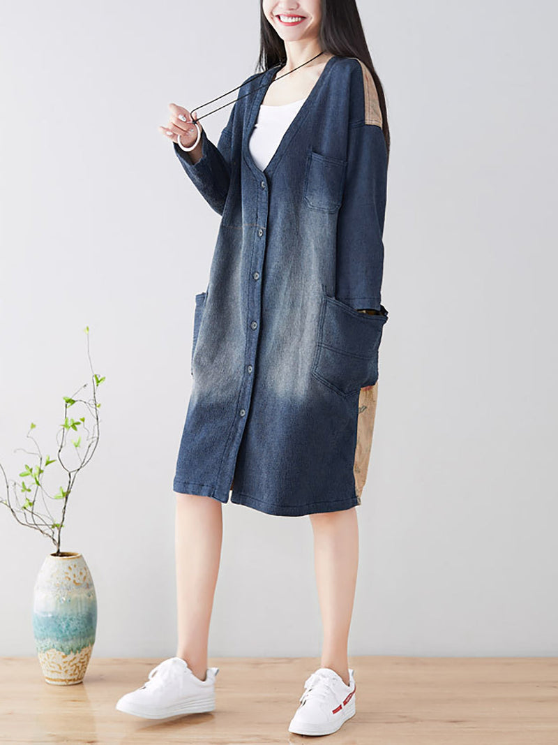 Spring Back Spliced Pokcet Loose Coat At1042
