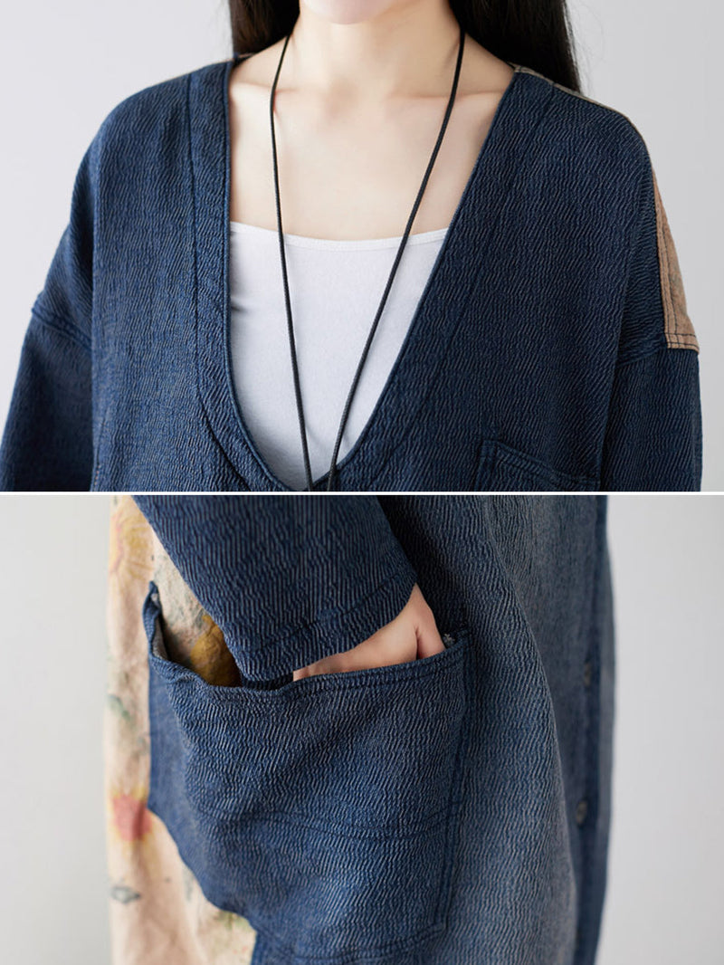 Spring Back Spliced Pokcet Loose Coat At1042