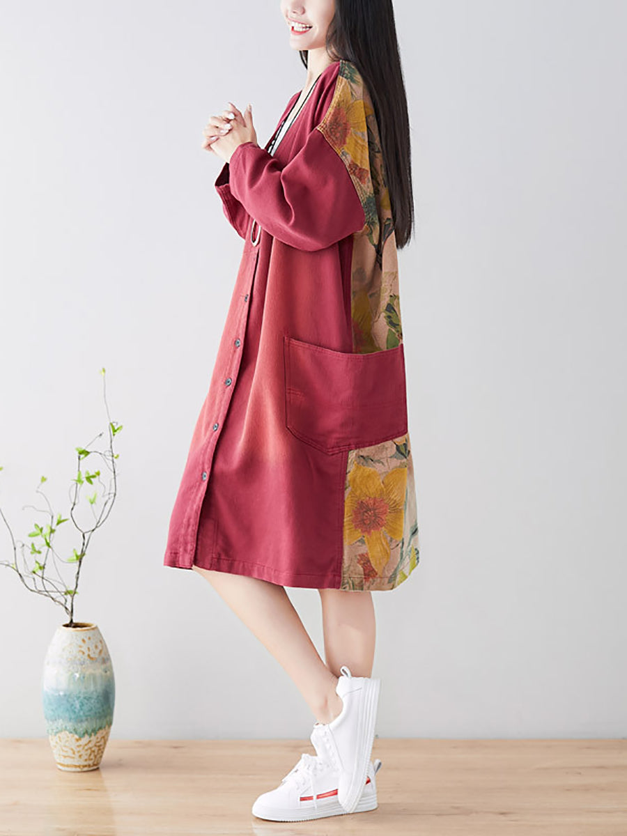 Spring Back Spliced Pokcet Loose Coat At1042