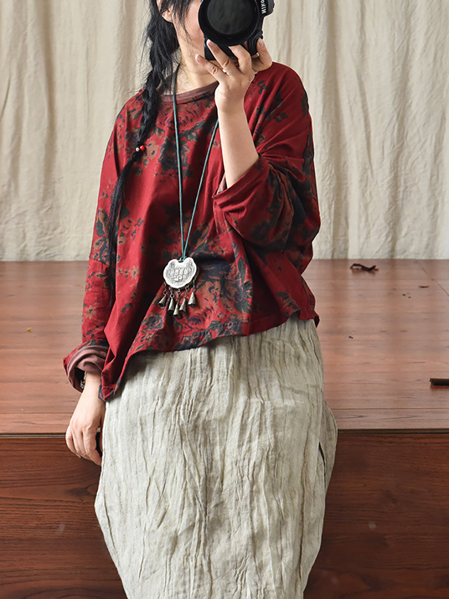 Flower O-neck Loose Cotton Linen Blouse As1009
