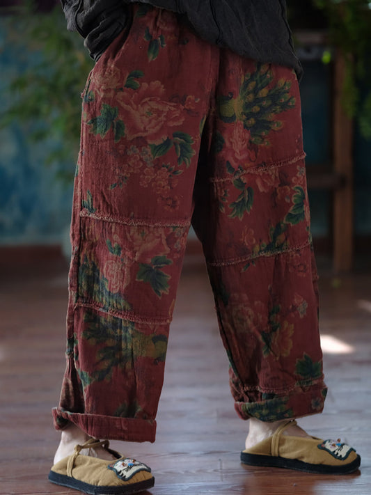 Autumn Retro Flower Spliced Cotton Wide-leg Pants At1024