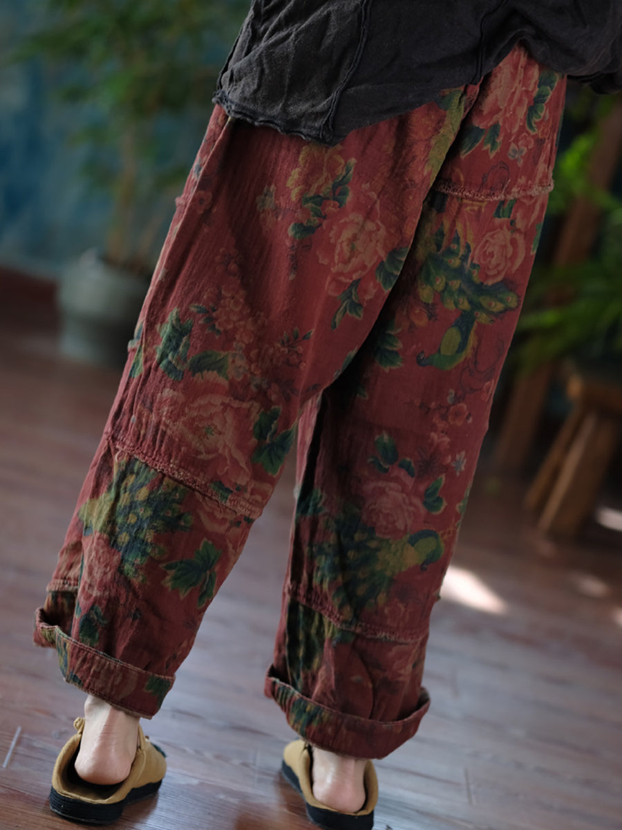 Autumn Retro Flower Spliced Cotton Wide-leg Pants At1024