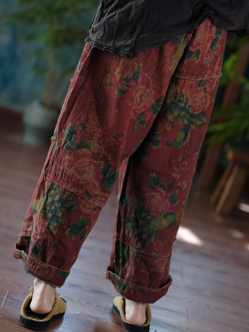 Autumn Retro Flower Spliced Cotton Wide-leg Pants At1024