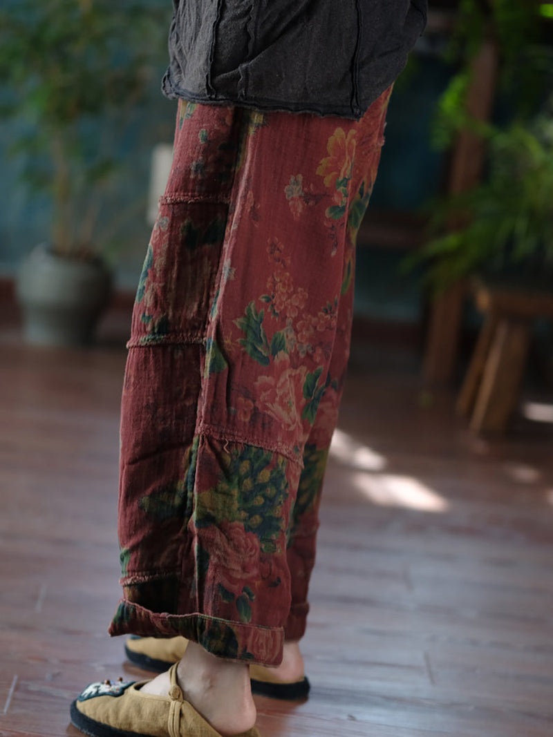 Autumn Retro Flower Spliced Cotton Wide-leg Pants At1024