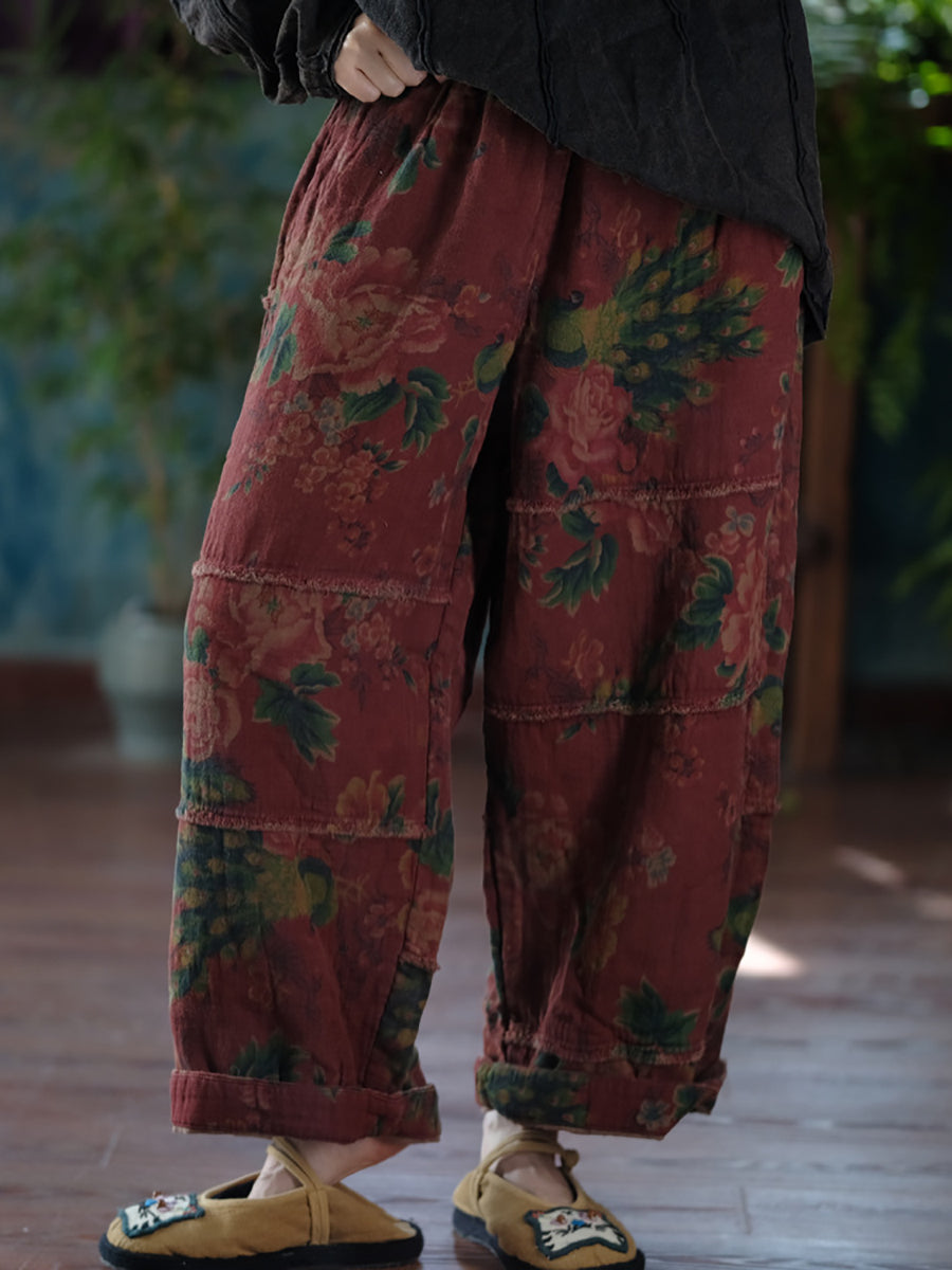 Autumn Retro Flower Spliced Cotton Wide-leg Pants At1024