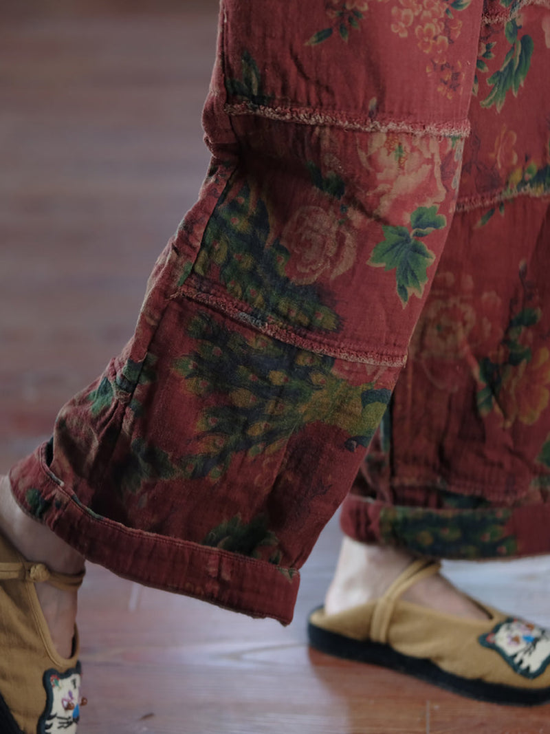 Autumn Retro Flower Spliced Cotton Wide-leg Pants At1024
