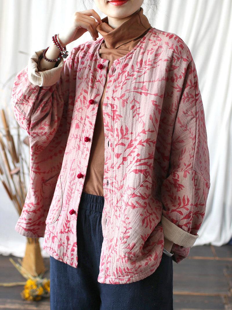 Autumn Artsy Leaf O-neck Cotton Shirt Blouse At1019