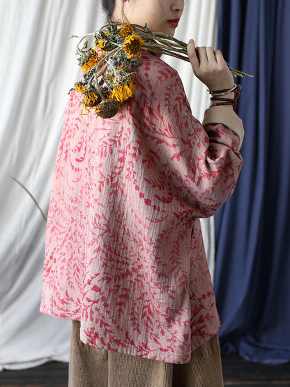 Autumn Artsy Leaf O-neck Cotton Shirt Blouse At1019