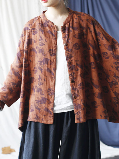 Autumn Artsy Leaf Stand Collar Cotton Coat As1008
