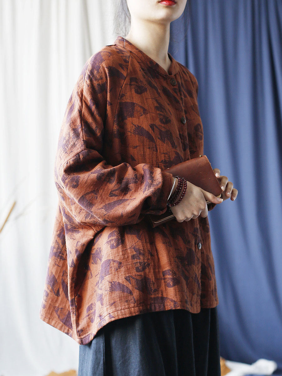 Autumn Artsy Leaf Stand Collar Cotton Coat As1008