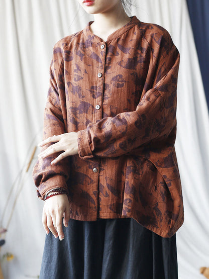 Autumn Artsy Leaf Stand Collar Cotton Coat As1008