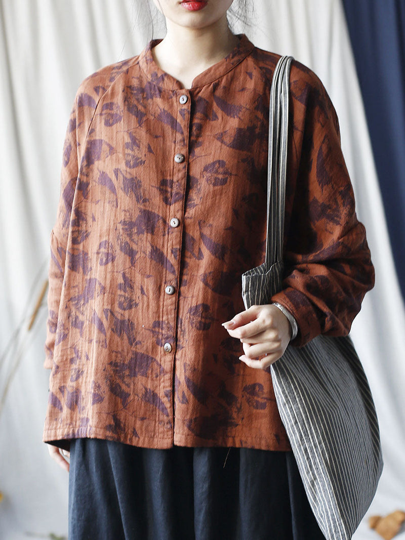 Autumn Artsy Leaf Stand Collar Cotton Coat As1008