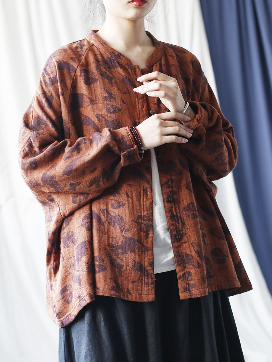 Autumn Artsy Leaf Stand Collar Cotton Coat As1008