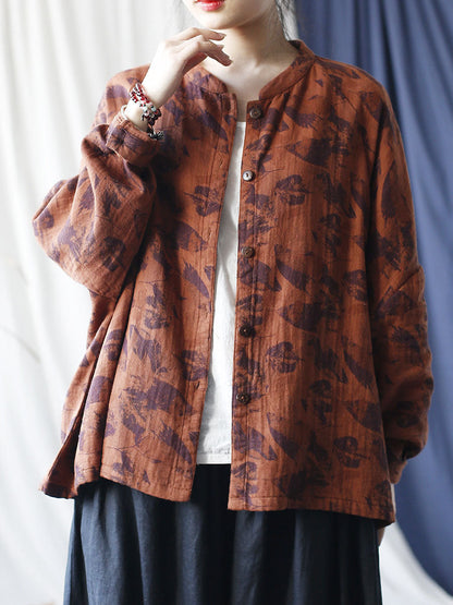Autumn Artsy Leaf Stand Collar Cotton Coat As1008
