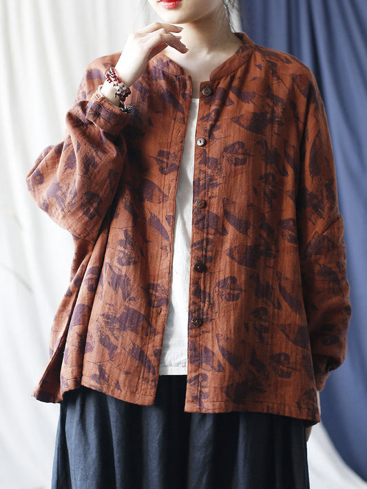 Autumn Artsy Leaf Stand Collar Cotton Coat As1008