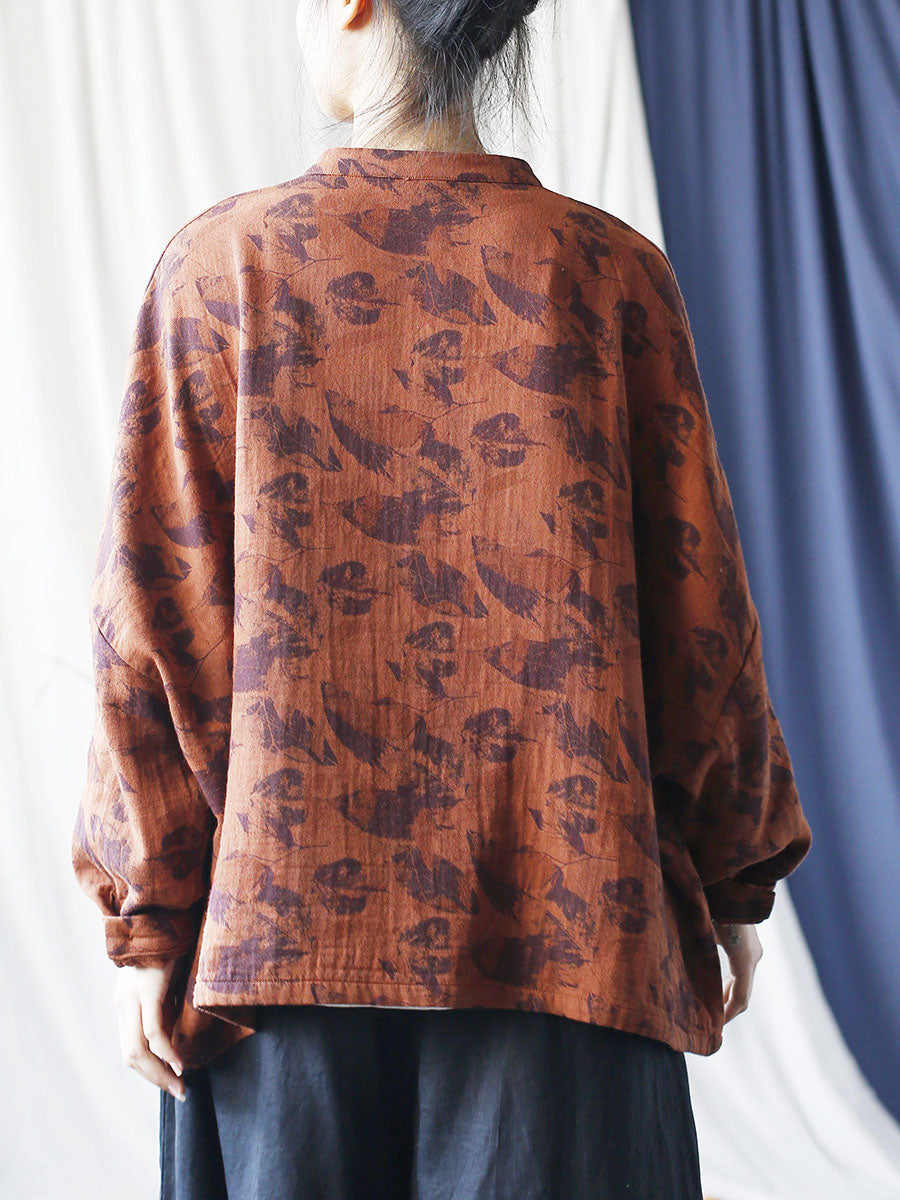 Autumn Artsy Leaf Stand Collar Cotton Coat As1008