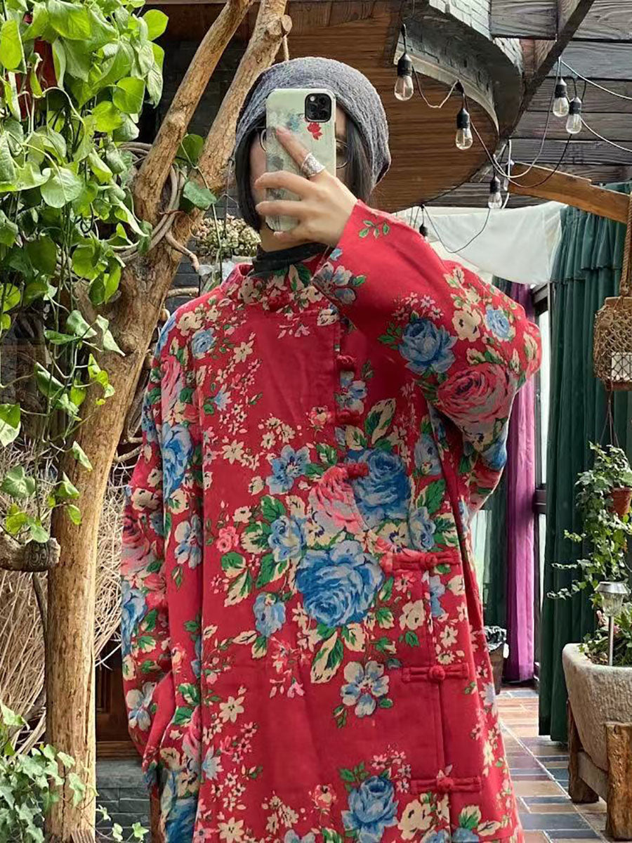 Red Flower Slant Closure Cotton Padded Coat Ai1015
