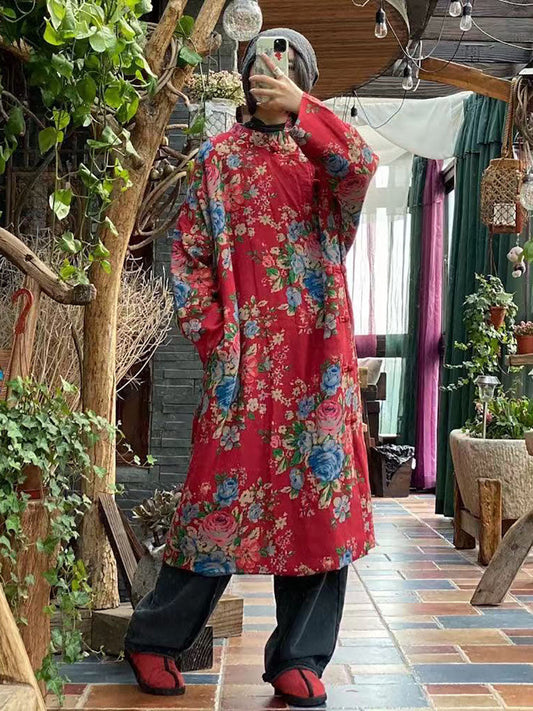 Red Flower Slant Closure Cotton Padded Coat Ai1015