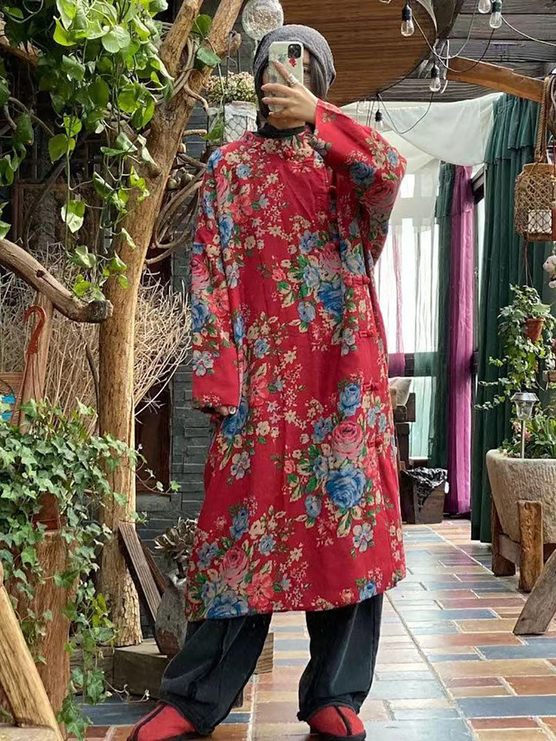Red Flower Slant Closure Cotton Padded Coat Ai1015