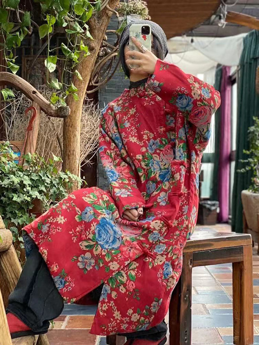 Red Flower Slant Closure Cotton Padded Coat Ai1015