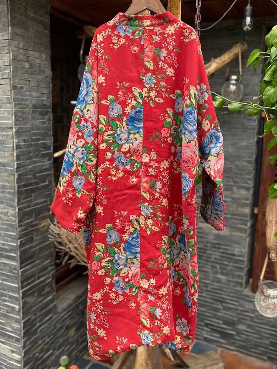Red Flower Slant Closure Cotton Padded Coat Ai1015