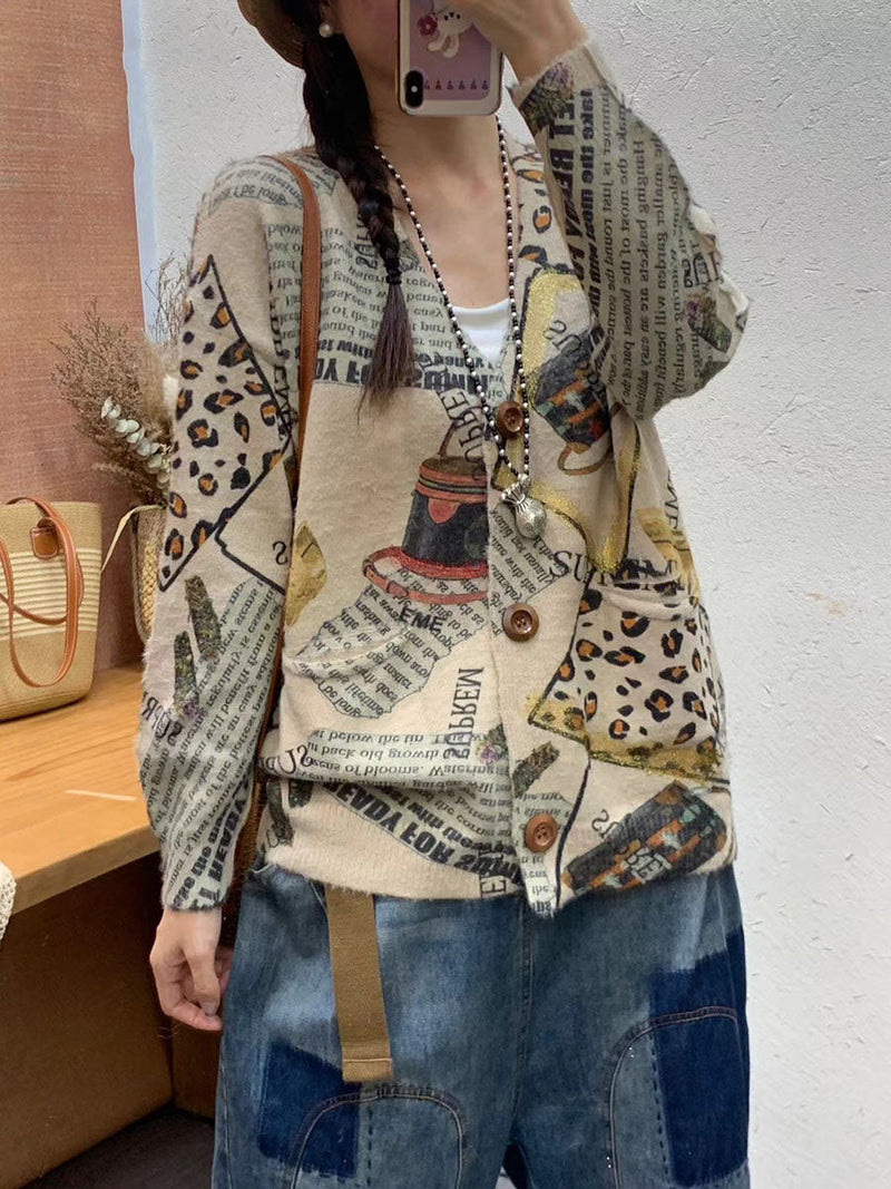 Autumn Flower Pocket V-neck Knit Cardigan Sweater Ai1056