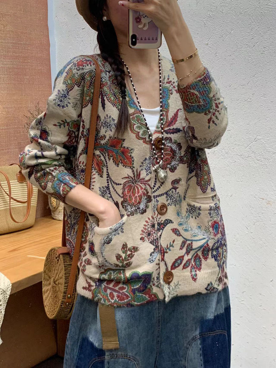 Autumn Flower Pocket V-neck Knit Cardigan Sweater Ai1056