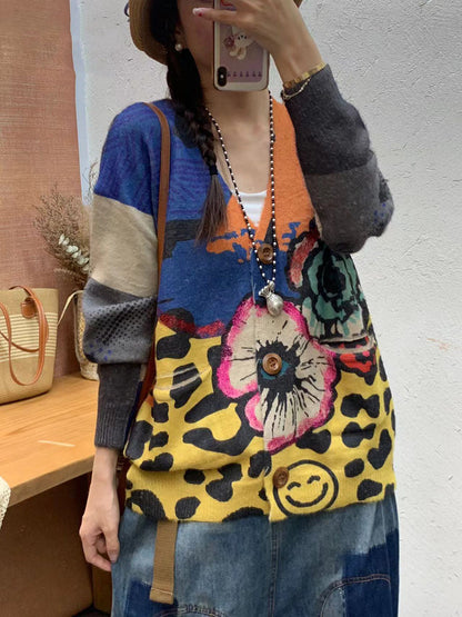 Autumn Flower Pocket V-neck Knit Cardigan Sweater Ai1056