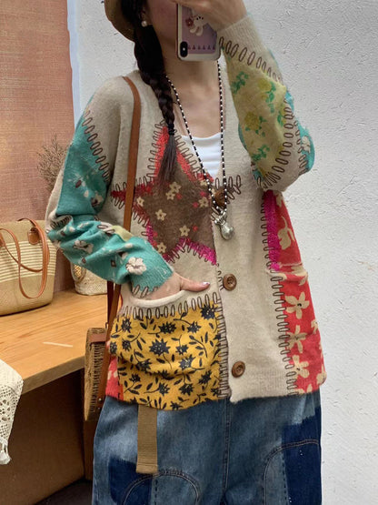 Autumn Flower Pocket V-neck Knit Cardigan Sweater Ai1056