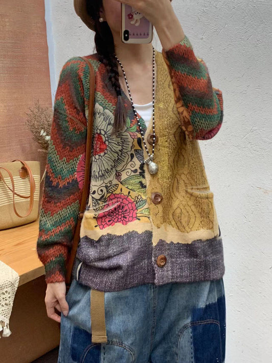 Autumn Flower Pocket V-neck Knit Cardigan Sweater Ai1056