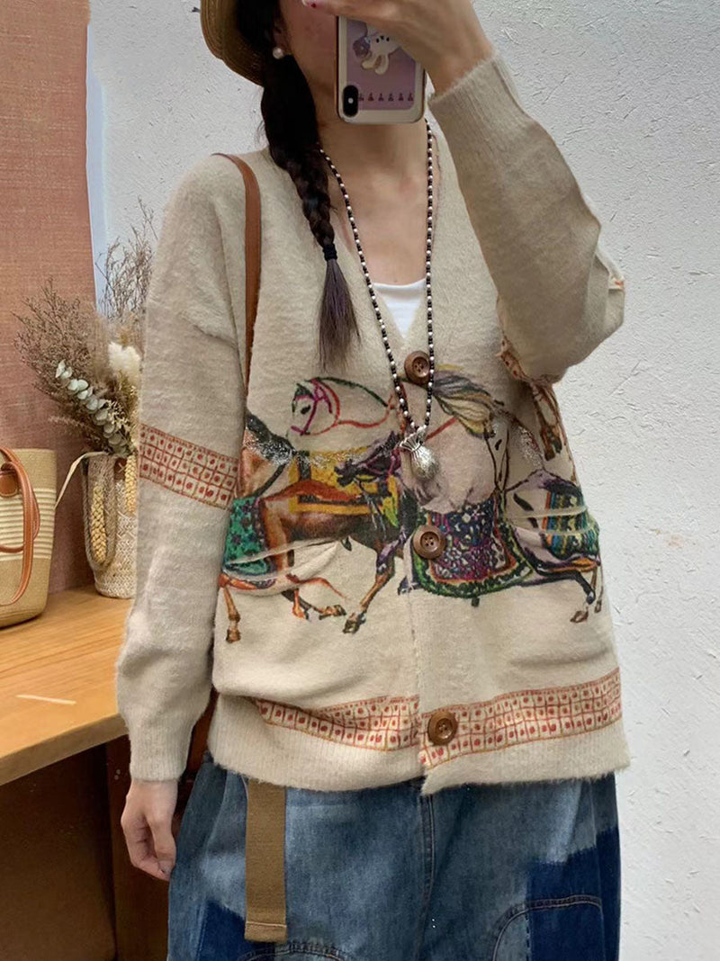 Autumn Flower Pocket V-neck Knit Cardigan Sweater Ai1056
