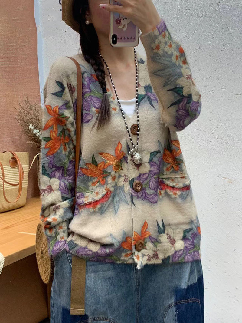 Autumn Flower Pocket V-neck Knit Cardigan Sweater Ai1056