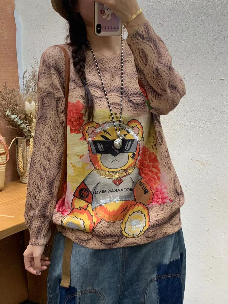 Autumn Cartoon Print O-neck Knit Sweater Ai1069