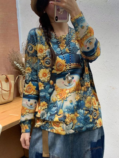 Autumn Cartoon Print O-neck Knit Sweater Ai1069