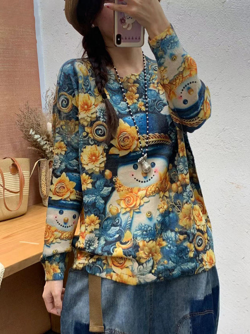 Autumn Cartoon Print O-neck Knit Sweater Ai1069
