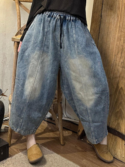 Pockets Spliced Washed Denim Harem Pants Ai1024