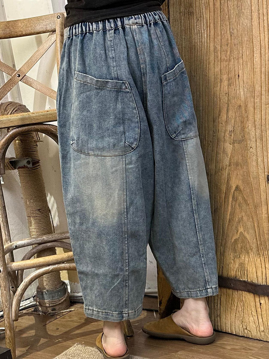 Pockets Spliced Washed Denim Harem Pants Ai1024