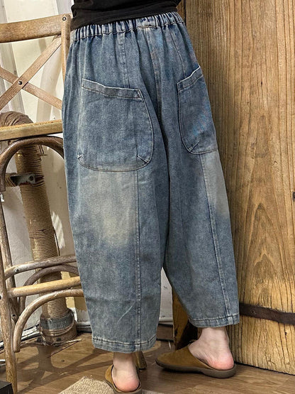 Pockets Spliced Washed Denim Harem Pants Ai1024