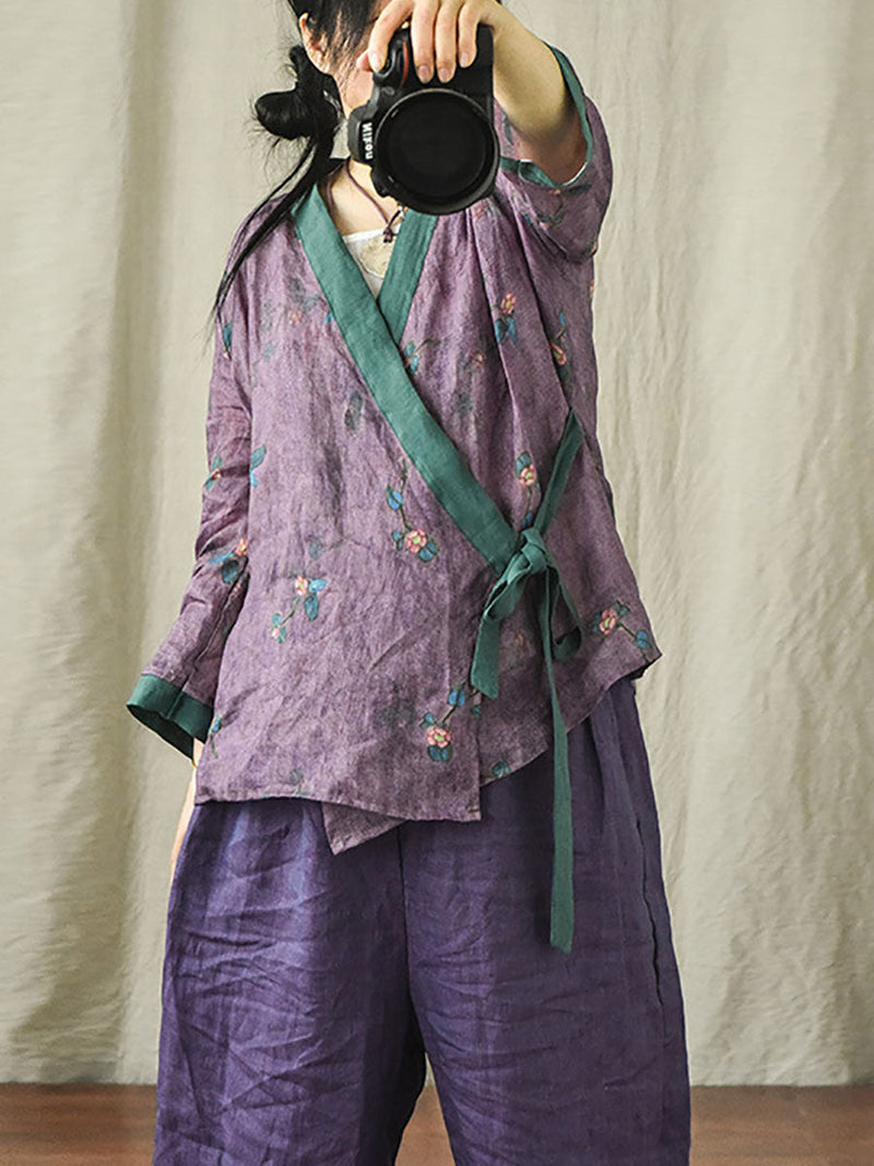 V-neck Colorblock Strap Ramie Blouse Ai1018