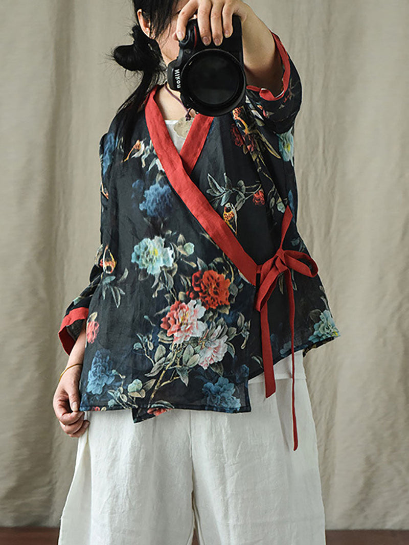 V-neck Colorblock Strap Ramie Blouse Ai1018