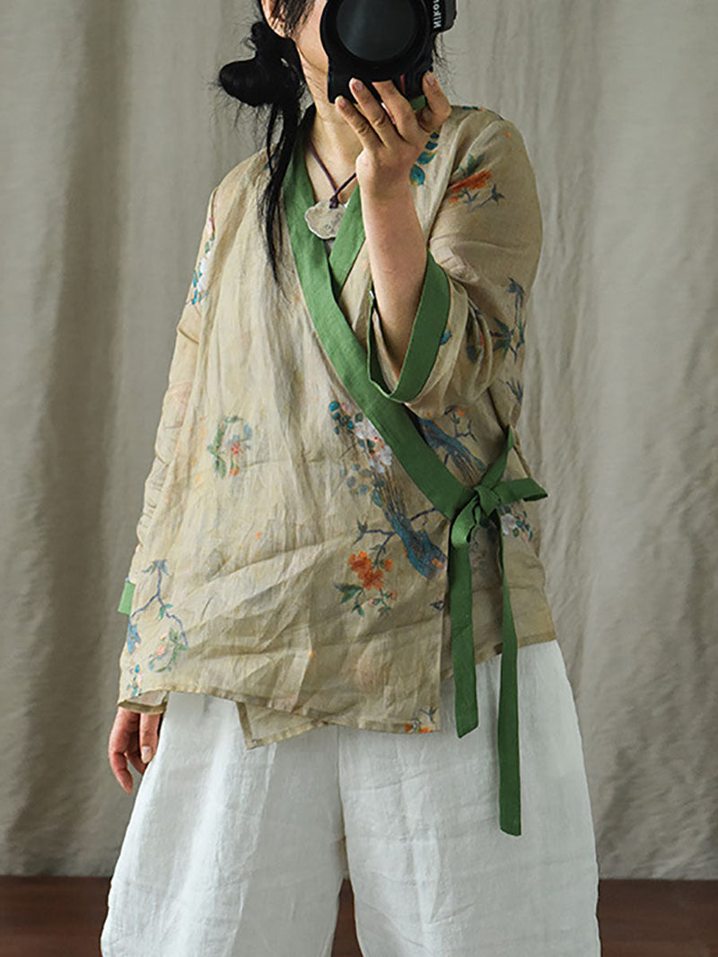 V-neck Colorblock Strap Ramie Blouse Ai1018