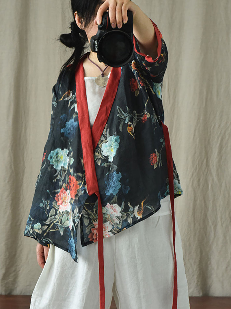 V-neck Colorblock Strap Ramie Blouse Ai1018