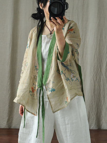 V-neck Colorblock Strap Ramie Blouse Ai1018