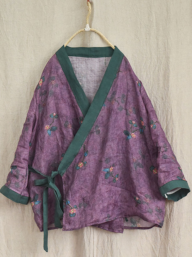 V-neck Colorblock Strap Ramie Blouse Ai1018