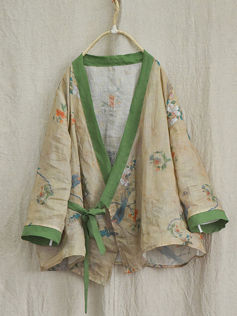 V-neck Colorblock Strap Ramie Blouse Ai1018