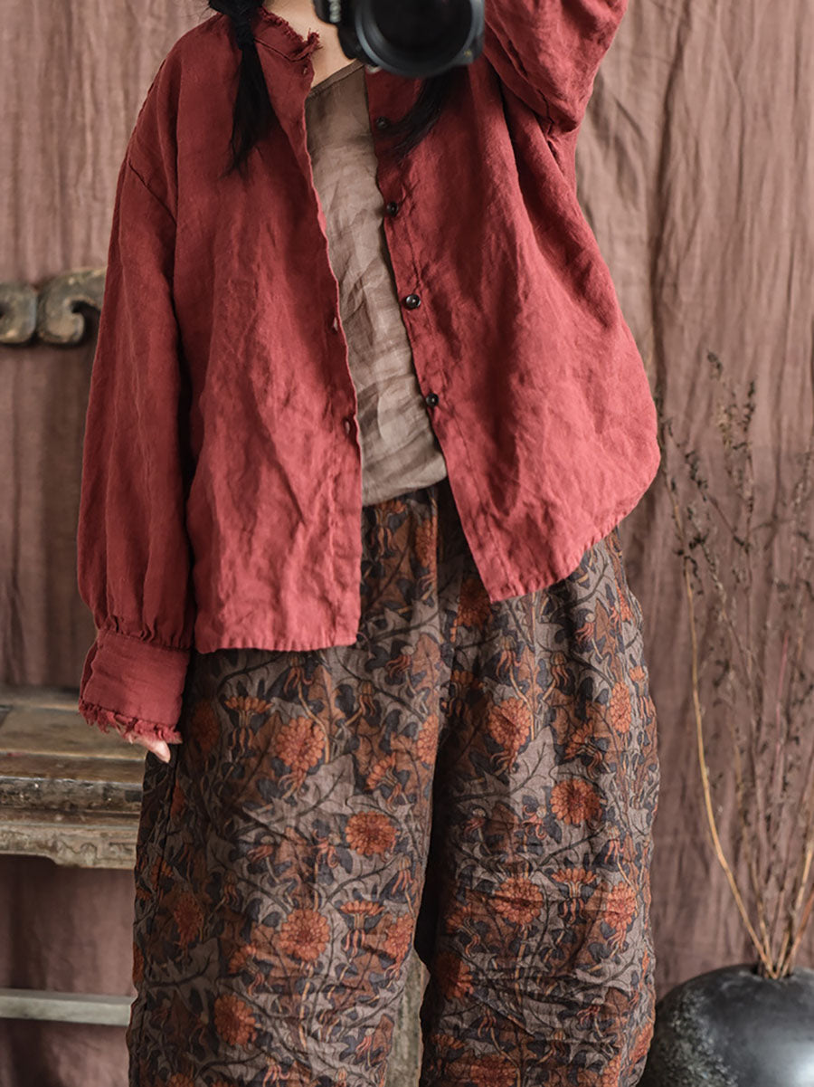 Autumn Button Raw-edge Linen Blouse Ai1044