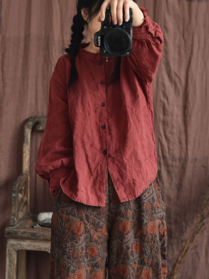 Autumn Button Raw-edge Linen Blouse Ai1044